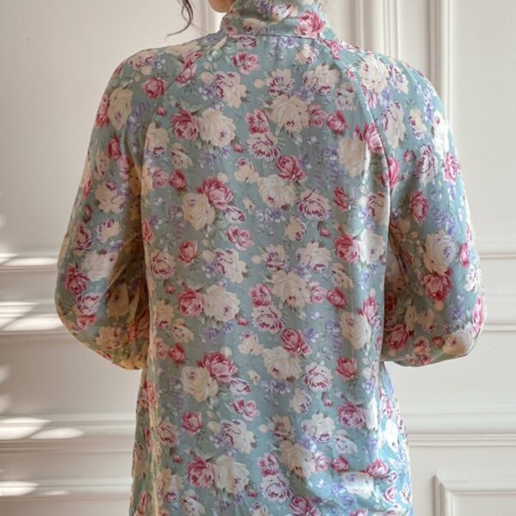 Bohemian Blush Pink Floral Neck Tie Ruffle Top Cottagecore - Picture 3 of 8